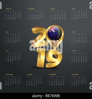 2019 Calendario modello. Golden tipografia con Virgin Islands UK Paese Mappa Golden Tipografia testata Illustrazione Vettoriale