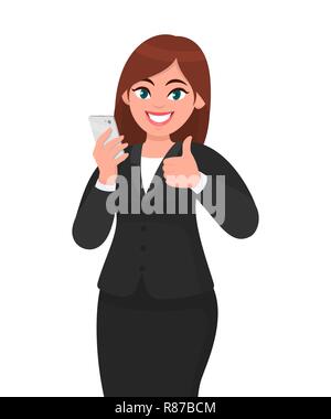 Felice imprenditrice tenendo lo smartphone e gesto pollice in alto segno. La rete sociale, mobile app, il concetto di tecnologia illustrazione vettore in stile cartoon Illustrazione Vettoriale