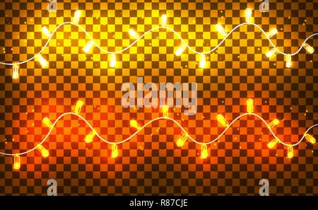 Le luci di Natale realistico isolato su sfondo trasparente. Incandescente gli elementi di design. Xmas luci incandescenti lampadine. Le ghirlande, decorazioni di Natale. Illustrazione Vettoriale