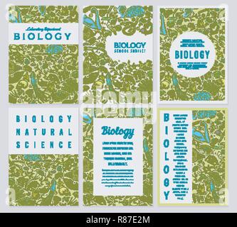 Schede di biologia. Modelli di scienza e banner. Poster per prenotare, la stampa o il web site. Ricerca Biochimica. Medicina a scuola. Educazione e scienza. incisi disegnati a mano nel vecchio sketch in stile vintage. Illustrazione Vettoriale
