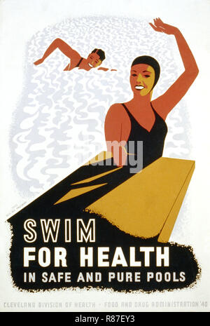 Per i progetti di lavoro Administration poster di promozione nuoto come sano esercizio, 'Swim per la salute in cassaforte e piscine puro', Cleveland divisione della salute, Food and Drug Administration, 1940 Foto Stock