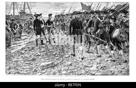 Richard Montgomery e truppe sulla riva al Crown Point, New York, en route per invasione del Canada, 1775, "l'imbarco di Montgomery, le truppe di Crown Point", il Secolo illustrato rivista mensile prelevata da Sydney Adamason, incisione da J. W. Evans, 1902 Foto Stock