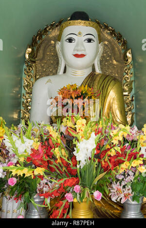 Il Buddha con fiori freschi il grande Shwedagon pagoda in Yangon, Myanmar. Foto Stock