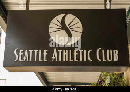 SEATTLE, WA, Stati Uniti d'America - Giugno 2018: Segno sopra l ingresso del Seattle Athletic Club nel centro cittadino di Seattle. Foto Stock