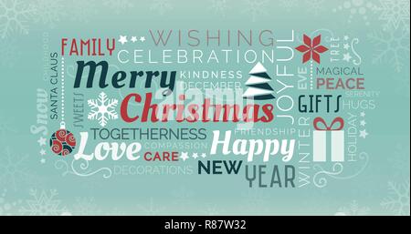 Buon Natale e felice anno nuovo tag cloud con le parole e le icone Illustrazione Vettoriale
