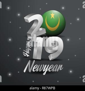 2019 Felice Anno Nuovo Mauritania bandiera tipografia. Celebrazione astratta sfondo Illustrazione Vettoriale