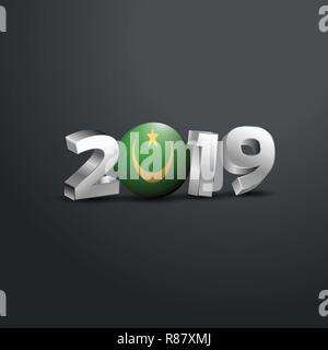 Grigio 2019 Tipografia con la Mauritania bandiera. Felice anno nuovo lettering Illustrazione Vettoriale