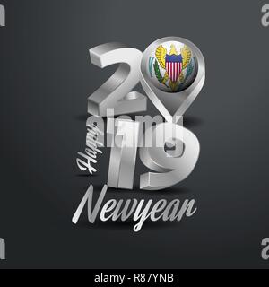 Felice Anno Nuovo 2019 grigio tipografia con Isole Vergini USA Posizione Flag Pin. Bandiera del paese Design Illustrazione Vettoriale