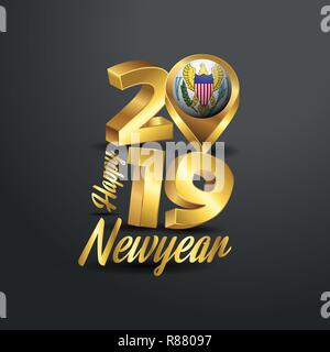 Felice Anno Nuovo 2019 Golden tipografia con Isole Vergini USA Posizione Flag Pin. Bandiera del paese Design Illustrazione Vettoriale