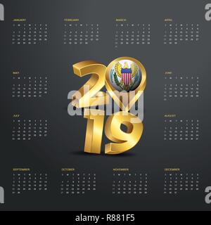 2019 Calendario modello. Golden tipografia con Isole Vergini USA Paese Mappa Golden Tipografia testata Illustrazione Vettoriale