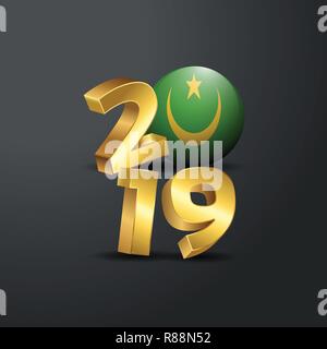 2019 Golden tipografia con la Mauritania bandiera. Felice anno nuovo lettering Illustrazione Vettoriale