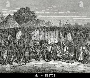 Africa centrale. La Expedición en Rosako, provincia de Ukwee. Grabado. Africa Inexplorada, El Continente misterioso, por Henry Morton Stanley, h. 1887. Biblioteca Histórico Militar de Barcelona, Cataluña, España. Foto Stock