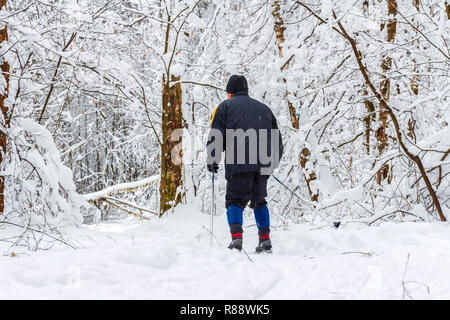 Uomo anziano sci nella neve-coperta di foresta. Uno stile di vita sano Foto Stock