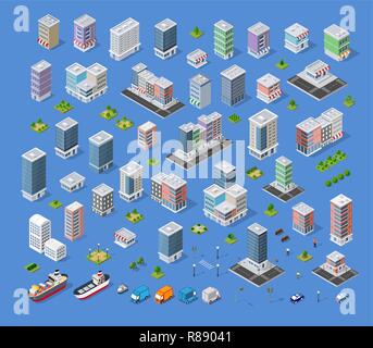 Cityscape elementi di design con l'edificio isometrico city map kit, piatto icon set. Raccolta isolati elementi per creare la vostra perfetta road, park, tran Illustrazione Vettoriale