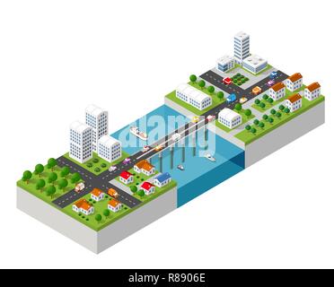 Il ponte skyway delle infrastrutture urbane è isometrico per giochi, applicazioni di ispirazione e di creatività. Città organizzazione di trasporto degli oggetti in 3 Illustrazione Vettoriale