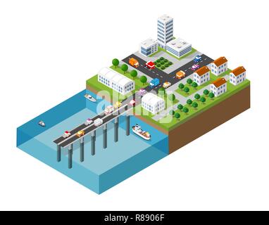 Il ponte skyway delle infrastrutture urbane è isometrico per giochi, applicazioni di ispirazione e di creatività. Città organizzazione di trasporto degli oggetti in 3 Illustrazione Vettoriale