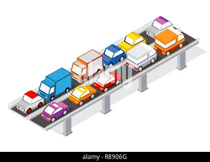 Il ponte skyway delle infrastrutture urbane è isometrico per giochi, applicazioni di ispirazione e di creatività. Città organizzazione di trasporto degli oggetti in 3 Illustrazione Vettoriale