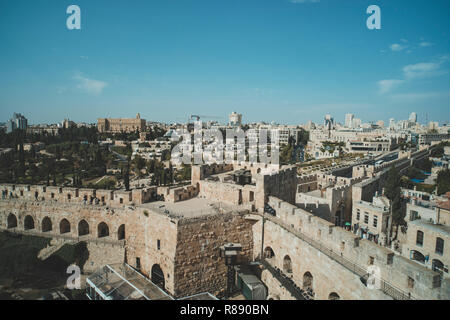 La parte superiore della Porta di Jaffa struttura nella Città Vecchia di Gerusalemme, Israele. Foto Stock