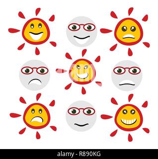 Gli Emoji emoticon icone di espressione nello stile sun faccia grafica dei simboli Illustrazione Vettoriale