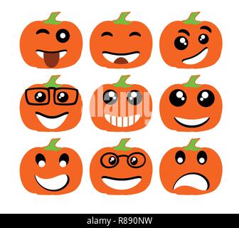 Gli Emoji emoticon icone di espressione in stile zucca di Halloween faccia grafica dei simboli Illustrazione Vettoriale