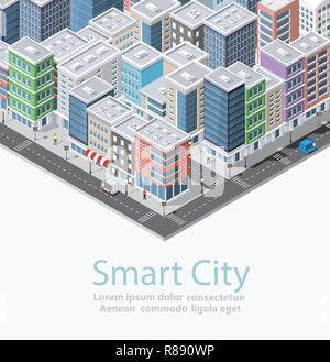 Smart city urban isometrica città concettuale illustrazione, le case, le strade e gli edifici Illustrazione Vettoriale