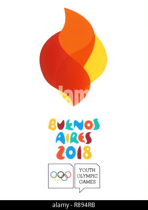 Kiev, Ucraina - 16 agosto 2018: il Logo di Buenos Aires 2018 stampato su carta, Estate Olimpiadi della Gioventù. Si tratta di una festa dello sport per gli adolescenti. Foto Stock