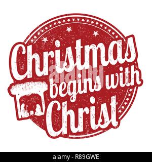 Il Natale inizia con il segno di Cristo o timbro su sfondo bianco, illustrazione vettoriale Illustrazione Vettoriale