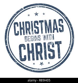 Il Natale inizia con il segno di Cristo o timbro su sfondo bianco, illustrazione vettoriale Illustrazione Vettoriale