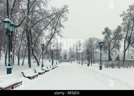 Winter City Park in inverno, luci e panche coperte di neve Foto Stock