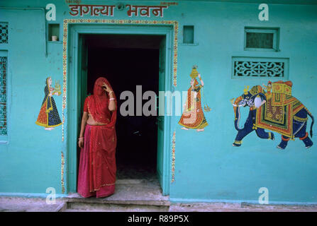 Villaggio verniciato casa porta, Rajasthan, India Foto Stock