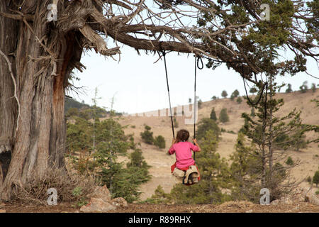 Albero di ginepro, swing e giocare con il bambino Foto Stock