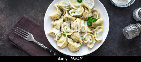 In casa la carne gnocchi con panna acida su tavola in legno rustico, vista dall'alto, banner. Gnocchi di Patate fresche o Postickers sulla piastra. Foto Stock