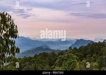 Bella viola sunrise e la nebbia di mattina oltre l'Annapurna Himal hills, Nepal, Himalaya, Asia Foto Stock