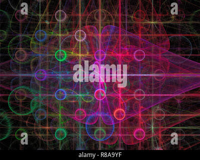 Abstract pattern viola con cerchi luminosi e griglia - computer-immagine generata. Illustrazione di frattali per lo sfondo del desktop, web design, copre. Foto Stock