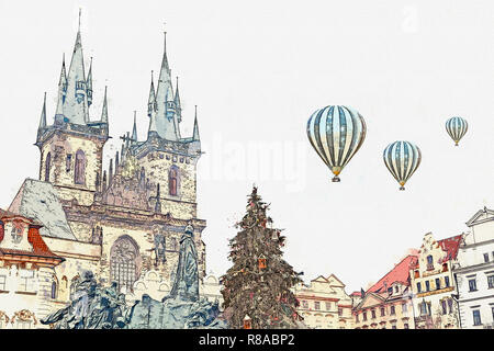 Immagine o disegno ad acquerello della Piazza della Città Vecchia di Praga. I palloni ad aria calda sono volare nel cielo. Albero di Natale decorato sorge sulla piazza principale durante le vacanze di Natale Foto Stock
