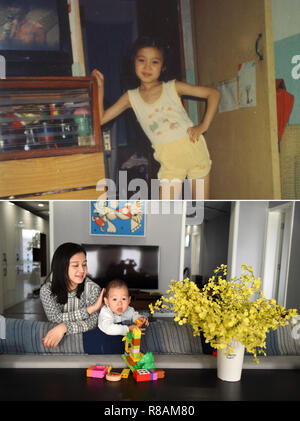 (181214) -- Pechino, 14 dicembre, 2018 (Xinhua) -- la parte superiore di questo combo foto scattata nel 1991 mostra sei-anno-vecchio Bai Yang in posa con un armadio e una TV nella sua casa di Kaifeng, centrale cinese della Provincia di Henan. La credenza nella foto è stata considerata come mobili decente in quel momento e il 24 pollici tv a colori il costo a suo padre un anno di reddito. La parte inferiore del combo foto scattata da Luo Xiaoguang su nov. 28, 2018 mostra 33-anno-vecchio Bai e suo figlio che posano per una foto nella sua casa di Pechino, capitale della Cina. Bai, che ora è un graphic designer, ha un appartamento grande, sufficiente per consentire la sua t Foto Stock