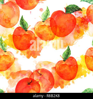 Un acquerello seamless pattern con vibrante mele rosse su sfondo bianco con macchie di vernice, vegano ripeti stampa Foto Stock