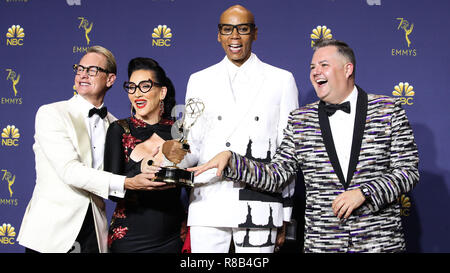 LOS ANGELES, CA, Stati Uniti d'America - 17 settembre: Ross Mathews, RuPaul Andre Charles RuPaul, Michelle Visage, Carson Kressley in sala stampa durante il settantesimo annuale di Primetime Emmy Awards tenutosi presso il Teatro di Microsoft in L.A. Vivere il 17 settembre 2018 a Los Angeles, California, Stati Uniti. (Foto di Xavier COLLIN/Image Press Agency) Foto Stock