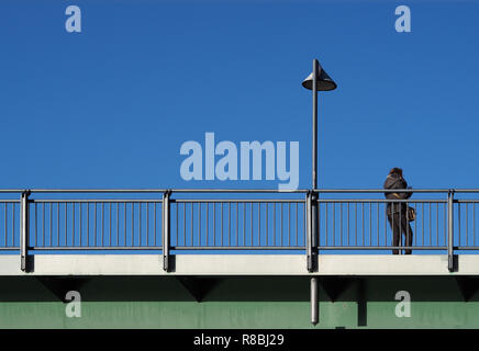 Ponte di acciaio sotto un cielo blu con la donna appoggiata contro la ringhiera (vista posteriore) e lampione Foto Stock