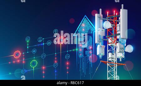 5G torre di comunicazione per accesso wireless a internet ad alta velocità. Rete mobile tecnologia nella vita della città concetto. LTE connessione antenna satellitare con net. Montante di sollevamento della stazione di radiodiffusione cellulare. Illustrazione Vettoriale