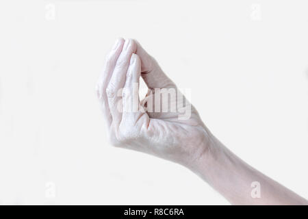 I gesti, le posizioni e le espressioni con mani femminili e le dita dipinte di bianco con sfondo bianco Foto Stock