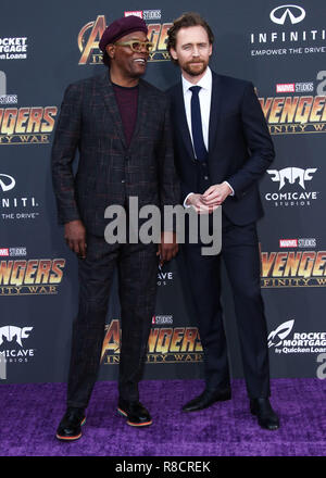 HOLLYWOOD, Los Angeles, CA, Stati Uniti d'America - 23 aprile: Samuel L. Jackson, Tom Hiddleston presso la Premiere mondiale di Disney e la meraviglia del " vendicatori: guerra infinita" tenutasi presso l'El Capitan theater, Dolby Theatre e TCL Chinese Theatre IMAX il 23 aprile 2018 a Hollywood e Los Angeles, California, Stati Uniti. (Foto di Xavier COLLIN/Image Press Agency) Foto Stock