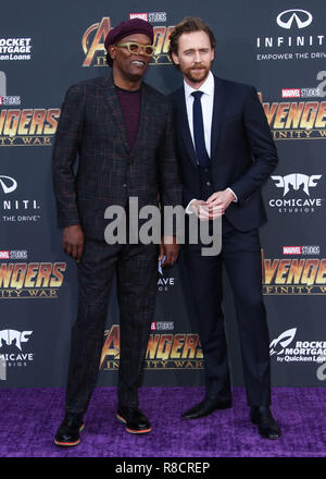 HOLLYWOOD, Los Angeles, CA, Stati Uniti d'America - 23 aprile: Samuel L. Jackson, Tom Hiddleston presso la Premiere mondiale di Disney e la meraviglia del " vendicatori: guerra infinita" tenutasi presso l'El Capitan theater, Dolby Theatre e TCL Chinese Theatre IMAX il 23 aprile 2018 a Hollywood e Los Angeles, California, Stati Uniti. (Foto di Xavier COLLIN/Image Press Agency) Foto Stock