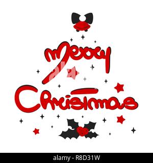 Disegnata a mano Merry Christmas testo vettoriale calligrafica design lettering card con holly, stelle e campane Illustrazione Vettoriale