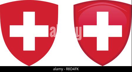 La Svizzera stemma. Bianca Croce elvetica in scudo rosso. Piatto e 3d versione ombreggiata. Illustrazione Vettoriale