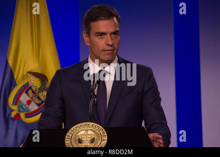 In Spagna il primo ministro Pedro Sanchez, durante la conferenza stampa al Palazzo Presidenziale a Bogotà, in Colombia. Foto Stock