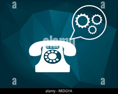 Servizio clienti concetto icona. White retrò icona telefono con ingranaggi in discorso bolla. Illustrazione Vettoriale, di tipo piatto. Blu a bassa poli dello sfondo. Illustrazione Vettoriale