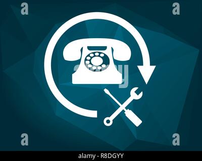 Servizio clienti concetto icona. Bianco telefono retrò con icona con chiave e cacciavite. Illustrazione Vettoriale, di tipo piatto. Blu a bassa poli dello sfondo. Illustrazione Vettoriale