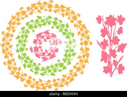 Set di round vintage bordure floreali, cerchio frame da fiori di narciso' silhouette. Vettore di fiori di telaio di confine, singolo elemento border incluso. Illustrazione Vettoriale