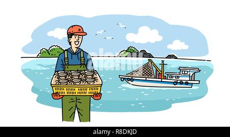 Disegno a mano cartoon di agricoltore e pescatore con i loro prodotti agricoli e di prodotti marini illustrazione vettoriale. 007 Illustrazione Vettoriale